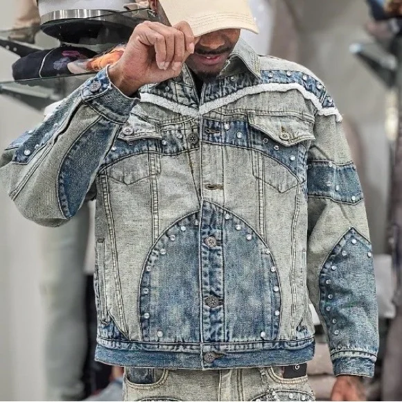 Gunzinii denim jacket - Studded Light Blue Denim Jacket - Unisex - New - Picture 1 of 4